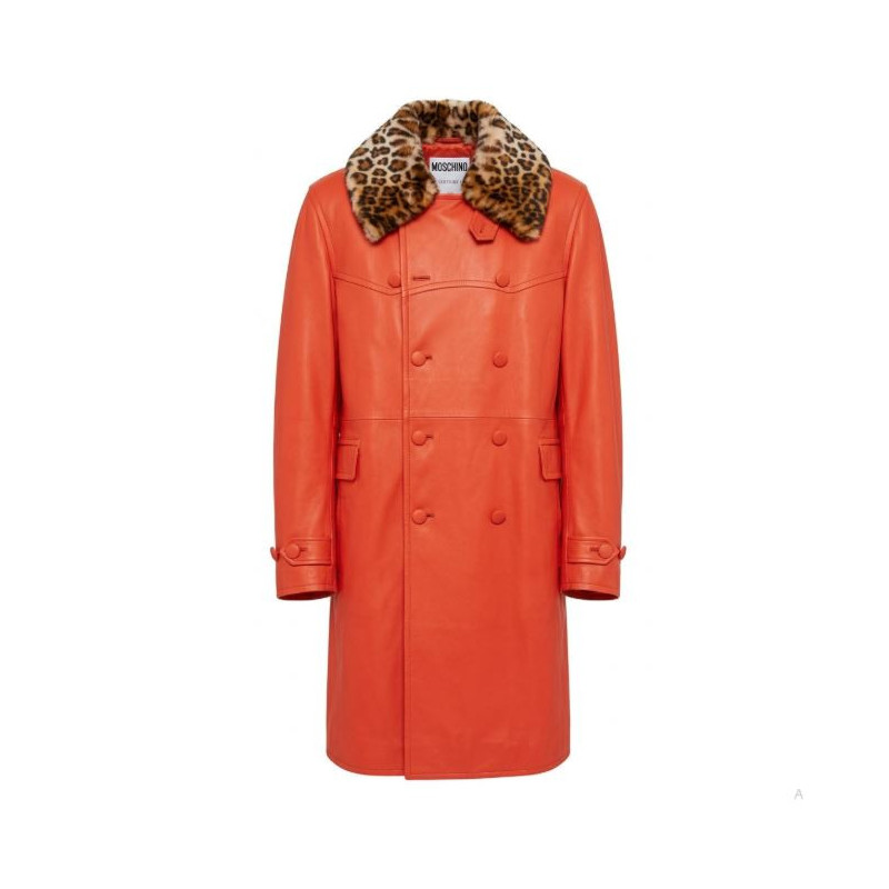 Moschino Trench en Cuir Orange avec Col en Fourrure A37045270-9041
