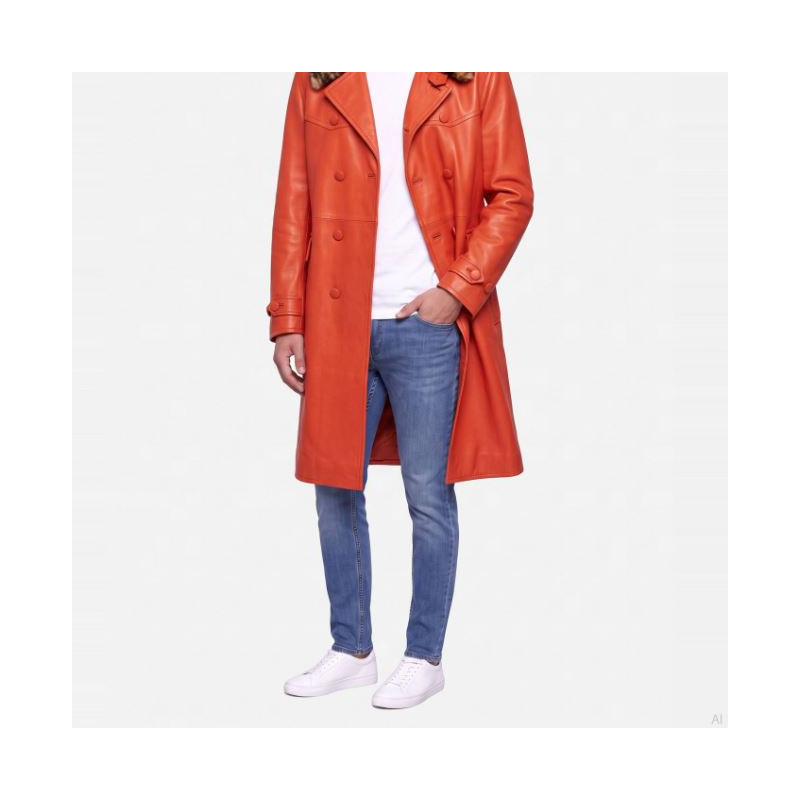 Moschino Trench en Cuir Orange avec Col en Fourrure A37045270-9041